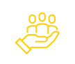 A yellow icon of a hand cradling people.